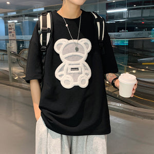 Men's Oversized Flock Printed Bear T-Shirt - K-Pop Inspired Streetwear!
