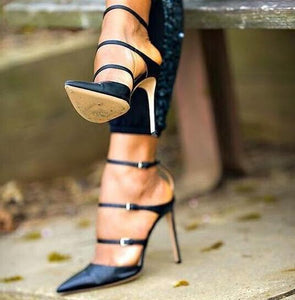 🌟 Ladies Elegant Genuine Leather, Sleek Black Slingbacks With Thin Buckle, Pointed Toe & High Stiletto Heel.