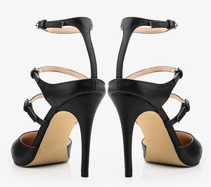 🌟 Ladies Elegant Genuine Leather, Sleek Black Slingbacks With Thin Buckle, Pointed Toe & High Stiletto Heel.
