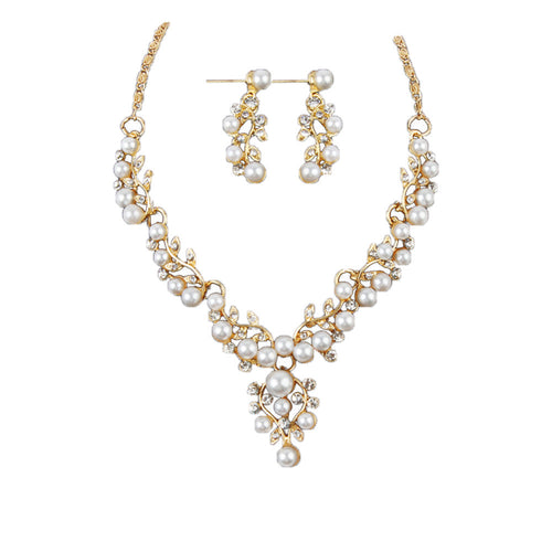 Pearl Rhinestone Necklace + Earrings