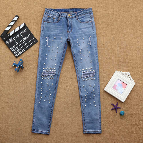 🌷Ladies Denim Stretch High-Waist Ripped Pencil Jeans..