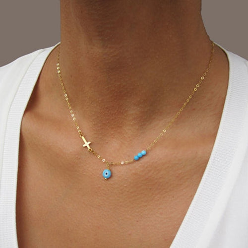 ☀ Evil Eye Cross Pendant ~ Turquoise Beads ~ Gold Or Silver Plated Choker Chain. Great Gift!